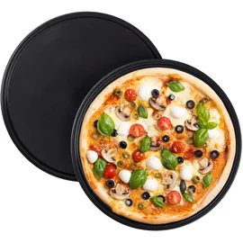 Relaxdays Pizzablech, 2er Set, rund, antihaftbeschichtet, Pizza & Flammkuchen, Carbonstahl, Pizzaform, ca. 1 cm (h) x 32 cm, grau,