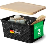 Novaliv 2er Set Eleganter Aufbewahrungskorb mit Holzdeckel in Rattan-Optik | Schwarz Lebensmittelecht Kunststoff 5L ? Perfekt für Bad & Kleidungsaufbewahrung. Aufbewahrungsbox Badezimmer Körbchen.