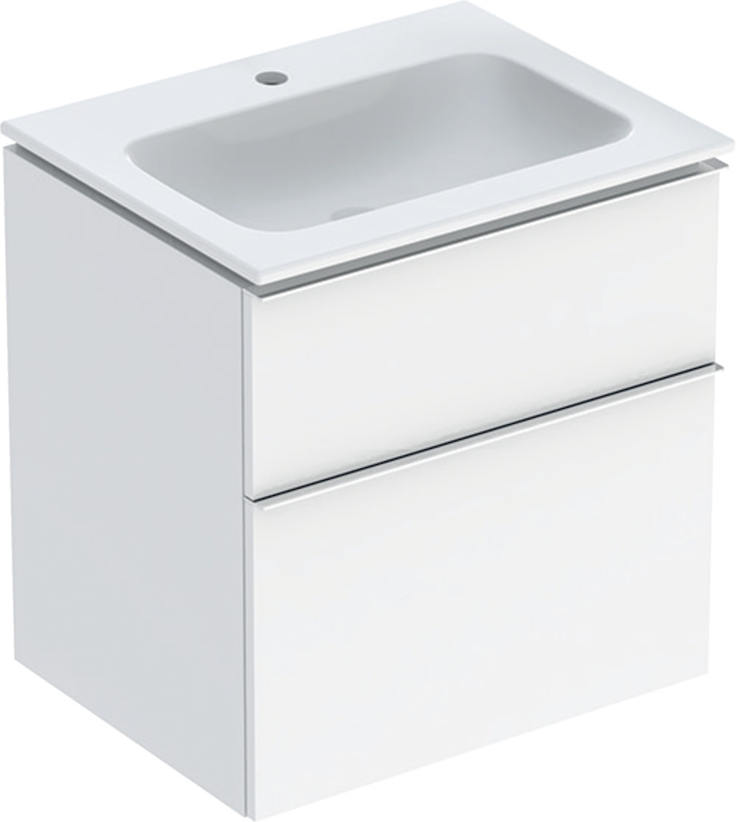 iCon Set Möbelwaschtisch schmaler Rand, mit Unterschrank, zwei Schubladen und Waschbeckenanschluss: B=60cm, H=63cm, T=48cm, weiß, weiß / lackiert hochglänzend, hoch-glanzverchromt