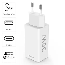 Hama Schnellladegerät USB-C 38W USB-C PD, USB-A QC, weiß 201640 - Weiß