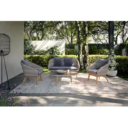 VILLANA Prato Loungem√∂bel, Grau, FSC-Akazie/Polyrattan/Polyester, Tisch 100 x 53 cm, Oval, Kissen Inklusive, Pflegeleicht, Langlebiges Material