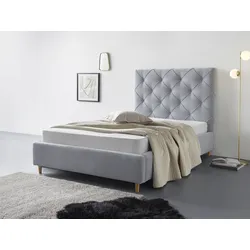 Polsterbett LEONIQUE "Louanne", silber, B:155cm H:131cm L:210cm, Betten, mit schöner Knopfheftung im Rückenteil, inkl. Bettkasten