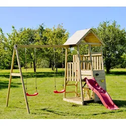 Wendi Toys Holz Spielturm Flamingo | mit Rutsche, Kletterwand, 2 Schaukeln & Picknicktisch | Natur | 280x340x270 cm