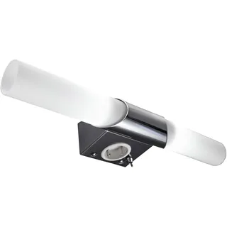 B.K.Licht Spiegelleuchte Mithra, weiß 2, H: 6cm, Leuchten, LED Wandlampe Badezimmer, Metall Glas E14, mit Steckdose, warmweiße Lichtfarbe, Kippschalter, Badezimmerlampe, Spiegellampe Bad, Lampe Badlampe Wand, Badezimmer, 44,5x6x11 cm, Chrom