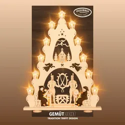 LED Schwibbogen WEIGLA "Erzgebirge, große Lichterspitze, Bergmann NATUR-BRAUN", beige (natur), B:52cm H:67cm T:6cm, Holz, Schwibbögen, Erzgebirge garantiert, Weihnachtsdeko Innen, Weihnachtsbeleuchtung