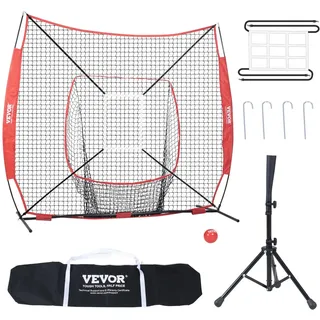 Vevor 244 x 106 x 211 cm Baseball-Softball-Übungsnetz, tragbares Baseball-Trainingsnetz, Schlagen, Fangen, Pitchen, Backstop-Baseballausrüstung mit Bogenrahmen, Tragetasche, Schlagzone, Rotem Ball.