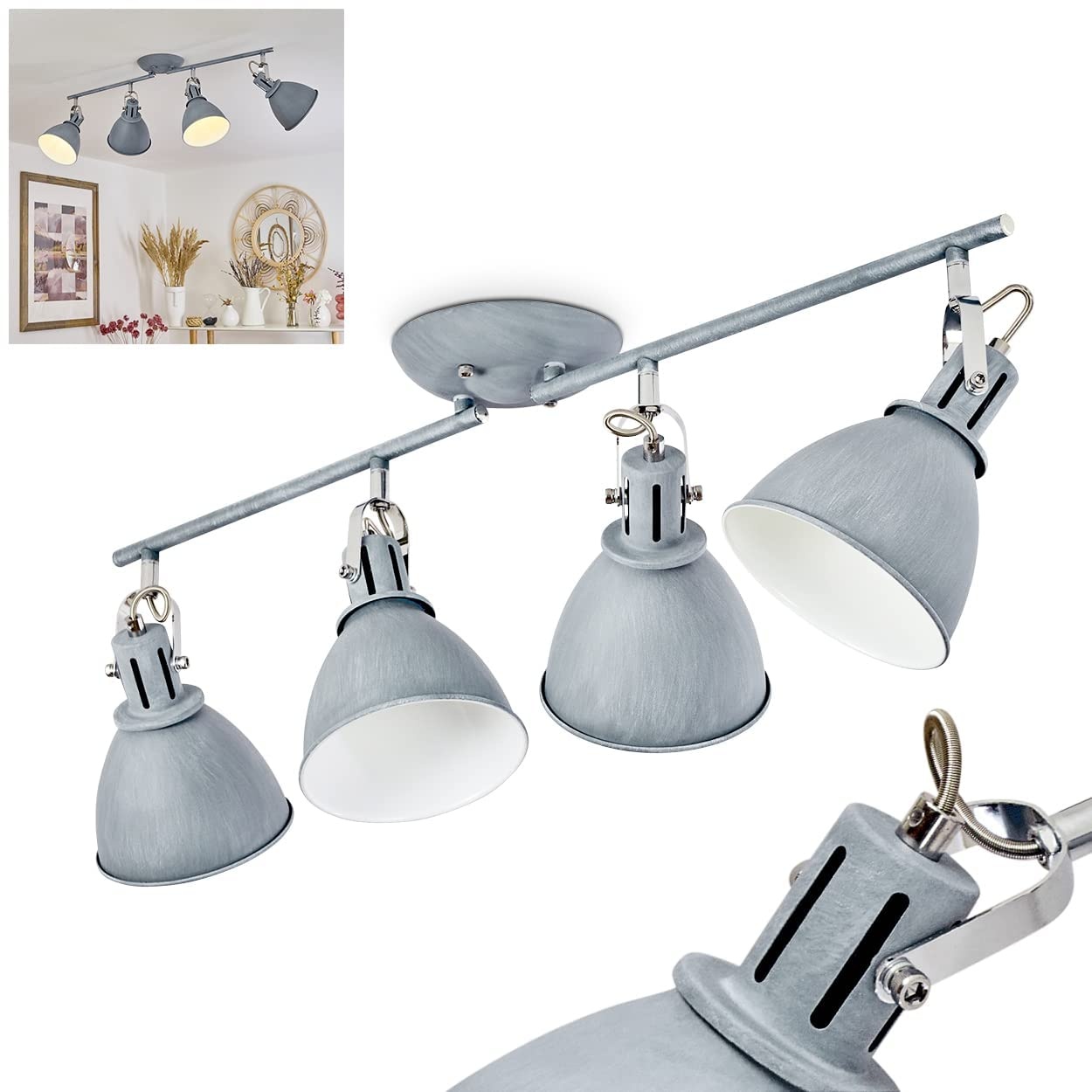 Deckenleuchte Koppom, Deckenlampe aus Metall in Grau-Blau/Weiß, 4-flammig, mit verstellbaren Lampenschirmen und Lampenarmen, 4 x E14-Fassung, Retro-Design, ohne Leuchtmittel