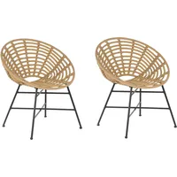 Beliani Rattanstuhl Natürlich Polyrattan Metallbeine 2er Set Runder Sitz Für Außen- und Innenbereich Boho Balkon Wohzimmer