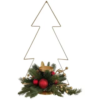 Online-Fuchs Kerzenhalter als Gesteck in Weihnachtsbaum-Form mit Kugeln, Kerzenständer (nutzbar für Stumpenkerzen bis zu 7,5 cm im Durchmesser, geschmückt mit Tannenzweigen, Kugeln mit Glitzer und Tannenzapfen), aus Metall, Maße: 49x28x28 cm goldfarben