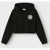 NAME IT Kapuzensweatshirt NAME IT "NKFKORY LS CROP BOXY SWE WH BRU PS NOOS", Mädchen, Gr. 158/164, schwarz, Sweatware, Obermaterial: 60% Baumwolle, 40% Polyester, bedruckt, relaxed fit normal, ohne Ausschnitt, Rippbündchen, Sweatshirts