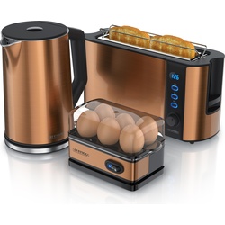Arendo Frühstücks Set, Wasserkocher 1,5l Temperaturwahl, 2-Scheiben Toaster & Eierkocher für 6 Eier, Kupfer, Eierkocher, Kupfer