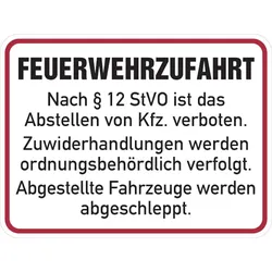 Hinweisschild Feuerwehrzufahrt, Feuerwehrzufahrt nach §12 StVO - 400x300x0.6 mm Aluminium geprägt