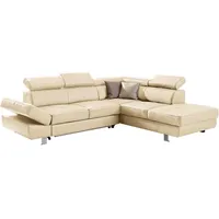 Stylife Ecksofa, Ecru, Textil, Leder, Kombination Echtleder/Lederlook, Rindleder, 4-Sitzer, Ottomane rechts, L-Form, 265x212 cm, Goldenes M, Lederauswahl, Stoffauswahl, seitenverkehrt erhältlich, Bettfunktion Hocker Rücken echt, Wohnzimmer, Sofas & Couches, Wohnlandschaften, Ecksofas