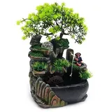 Zen Tischbrunnen mit LED Licht und Wasserfall, Feng Shui Zimmerbrunnen aus Harz mit Steingarten, Fischerfigur und Baum, Geschenkidee für Meditation und Entspannung – H 30 cm