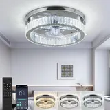 LEONTYNE Deckenventilator mit Beleuchtung Chrom 45 cm, Dimmbar & Leise, 3 Lichtfarben 6 Geschwindigkeiten, Moderner Kristall-Deckenventilator für Schlafzimmer und Küche