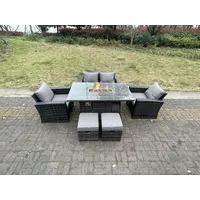 Polyrattan Gartenmöbel Set Gasfeuerstelle Rechteckiger Esstisch Gasheizgerät Sessel Liebe Sofa Sets Mit Hocker 6-sitzer - Fimous