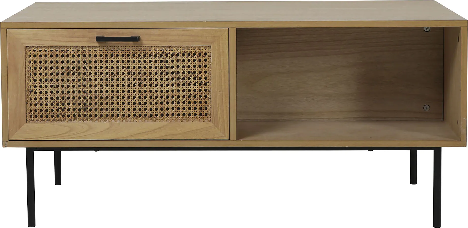 Couchtisch INOSIGN "Ailis", schwarz (natur, schwarz, schwarz, natur), B:110cm H:50cm T:59cm, MDF mit Paulownia-Furnier, Front Rattan, Beine pulverbeschichtetes Metall, Tische, Couchtisch Eckige Couchtische Holz-Couchtische, Je 1 Schublade, 1 offenes Fach auf beiden Seiten
