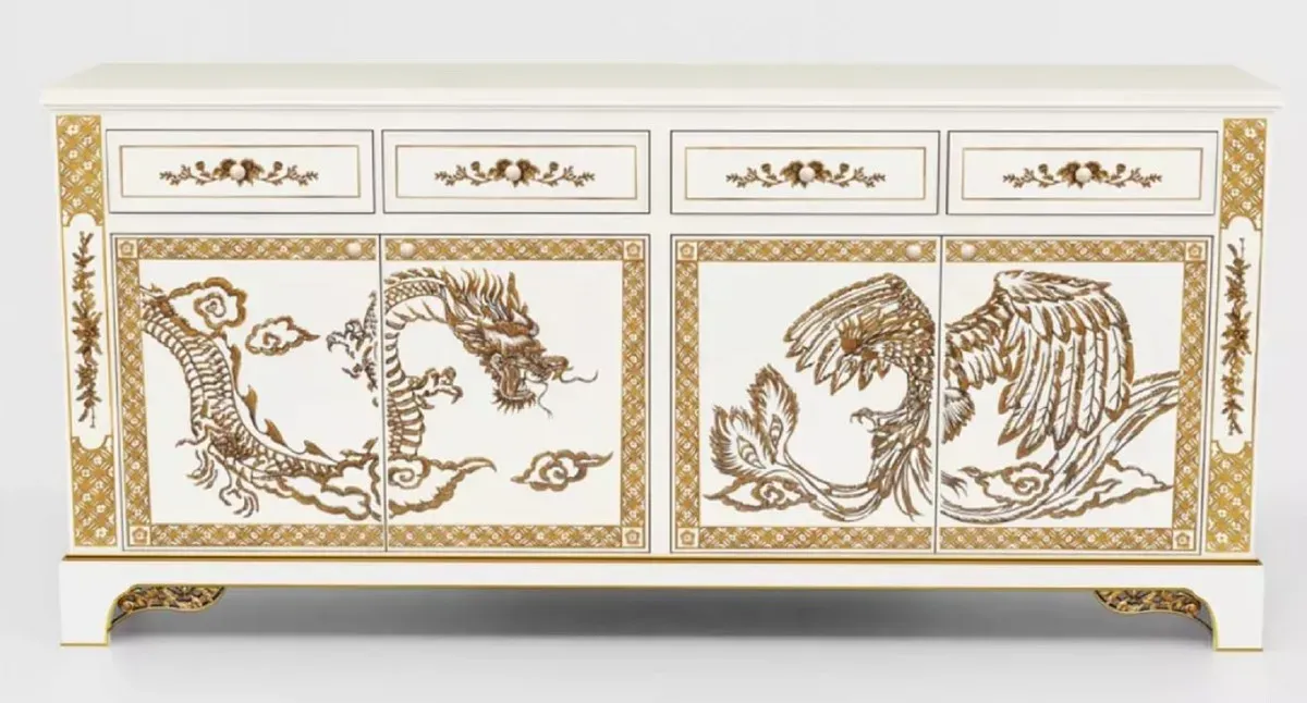 Casa Padrino Luxus Barock Sideboard im chinesischen Stil Weiß / Gold - Barockstil Massivholz Schrank mit 4 Schubladen & 4 Türen - Luxus Esszimmer Möbel im Barockstil - Barock Esszimmer Möbel