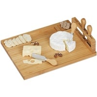 Relaxdays Käsebrett mit Besteck, Käseplatte mit Käsegabel und-Messer aus Edelstahl, Bambus Käsescheidenbrett, Natur