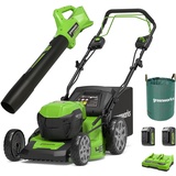 Greenworks GD24X2LM46SPK4X Selbstfahrender Akku Rasenmäher für große Flächen bis zu 480m2, G24ABII Axial Laubbläser 145 km/h, 120l Gartenabfallsack,Plus Zwei 4Ah-Akkus und Doppelladegerät