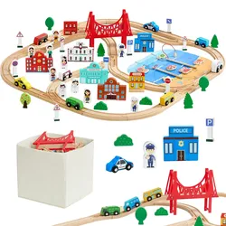 VEVOR Holzeisenbahn Set 113-tlg., Zugspielzeug mit Aufbewahrungsbox, Stadtlandschaft-Eisenbahnspielset, kompatibel mit gängigen Marken, Weihnachts- & Geburtstagsgeschenk für Kinder ab 3 Jahren