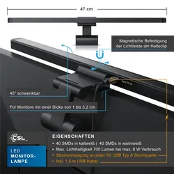 CSL LED Monitorlampe, Bildschirmlampe mit Fernbedienung, Schreibtischlampe, Screenbar, 8W, Monitor Lampe, mehrere Helligkeitsstufen, 3 Lichtfarben