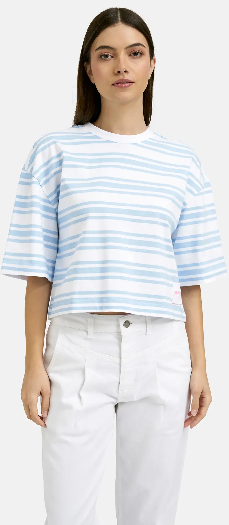 Rundhalsshirt SMITH & SOUL, Damen, Gr. L, sky, Single Jersey, Material: 100% Baumwolle, gestreift, gerade kurz, Rundhals, angeschnitten gerader Abschluss, Shirts Rundhalsshirt, aus Baumwolle