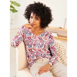 V-Ausschnitt-Pullover HEINE "Druck-Pullover", Damen, Gr. 36, bunt (champagner, hortensie, bedruckt), 80% Viskose, 20% Polyamid, gemustert, mehrfarbig, bedruckt, Langarm, Pullover