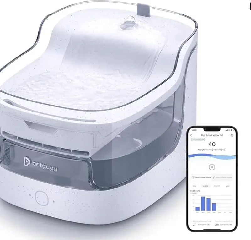 PETGUGU Katzenbrunnen mit App-Überwachung, 2 L, kabellose Pumpe, Geräuschpegel unter 20 dB, automatischer Trinkbrunnen mit Bewegungssensor, Echtzeit-Trinkdaten, PF1 Marmor