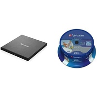 Verbatim Externer Slimline Blu-ray-Writer, USB 3.0-Anschluss, Blu-ray-Player, Kompakter externer Blu-ray-Brenner für große Backups, inkl. 25er Spindel Datalife Blu-ray 25GB