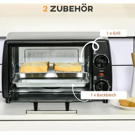 Homcom Mini Backofen 10 L 750W 100-230°C 60 Min. Timer mit Temperatur bis zu 230 °C Minuten Backblech, und Herausnehmbarer Bodenschale, Pizza-Ofen, Schwarz