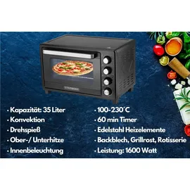 Steinborg Minibackofen Pizzaofen 35L mit Umluft 1600W schwar