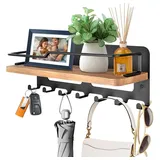 TUWENA Wandhaken Schlüsselbrett Holz mit Ablage, Schlüsselablage Wand mit 7 Haken, Schlüsselbrett Organizer für Eingang, Flur, Schlafzimmer, Wohnzimmer schwarz