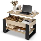 defiPad Couchtisch Höhenverstellbar mit Stauraum, Wohnzimmertisch Sonoma Eiche-Schwarz mit Liftfunktion und verstecktem Fach, 92 x 51 cm
