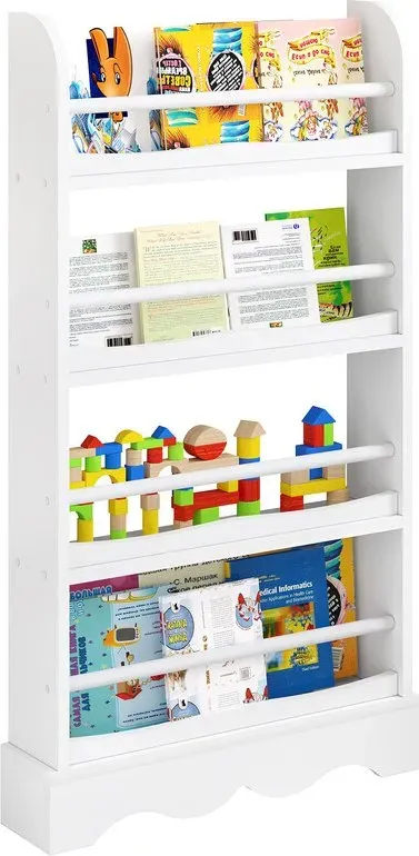 Lestarain Kinderbücherregal, Kinderregal mit 4 Ebenen, Aufbewahrungsregal für Bücher und Spielzeug, Regal für Kinderzimmer Kindergarten, mit Kippschutz, MDF-Holz, 60x12x108,5 cm, Weiß