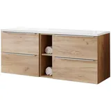 Lomadox Waschbeckenschrank TOSKANA-56 Wotaneiche und Hochglanz weiß 141/59,5/46 cm braun|weiß 141 cm x 60 cm x 46 cm