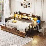Tagesbett 90√ó200 Cm, Einzelbett Mit Led, 2 Schubladen, Multifunktionssteckdose Und Klappschreibtisch, Ohne Matratze, Naturholz
