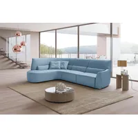 Ecksofa EGOITALIANO "Puffy, extravagant & edel, Retro Designsofa, hoher Sitzkomfort, L-Form", blau (himmelblau), B:330cm H:88cm T:205cm, Leder »BULL« (echtes Rindsleder). Geschliffenes, pigmentiertes und behandeltes Rindsleder mit einer Dicke von 1, 3-1, 5 mm. Dieses Leder zeigt eine ziemlich weiche Hand mit einem halb undurchsichtigen Aussehen. Es handelt sich um ein geschütztes Leder. Eine leichte Deckschicht schützt sie vor Flecken, ohne ihre ursprünglichen Eigenschaften zu verändern. Die geschützten Leder kombinieren die Vorteile von Natürlichkeit und Weichheit mit einer guten Beständigkeit gegen Verschleiß und Ausbleichen. Das Vorhandensein der charakteristischen Zeichen, die das Leben des Tieres bestimmen, wie Narben, Körnungsunterschiede, Falten, Adern, Disharmonien in Farbtönen, beweisen ihre absolute Echtheit und großen Wert., Sofas, Ecksofa, mit Ottomane, wahlweise mit und ohne elektrischer Relaxfunktion