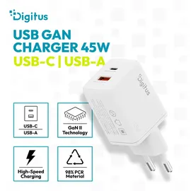 Digitus USB Ladegerät GaN 45W 1x USB-C, 1x USB-A