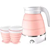 Faltbarer Wasserkocher, 600ml Elektrischer Silikon Wasserkocher Camping Wasserkessel mit 2 Faltbaren Becher Reise Wasserkocher für Camping, Wandern und Drinnen (Rosa)