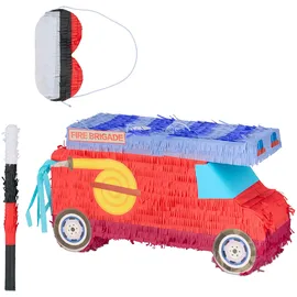 Relaxdays Feuerwehrauto Piñata 3tlg. 55 cm x 30 cm x 18 cm Rot/Blau/Schwarz