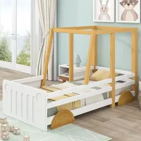 MODFU Kinderbett Autobett 90x200cm, Jeep-Bett mit MDF-Rädern, Einzelbett Rahmen aus Kiefer, Weiß (mit Matratze) - Weiß