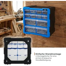 HMF Sortimentskasten Kunststoff 26,5 x 26,5 x 16 cm Blau/Schwarz mit 12 Schubladen