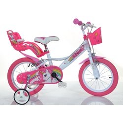 Kinderfahrrad DINO "Unicorn Einhorn" Fahrräder Gr. 25 cm, 14 Zoll (35,56 cm), pink (pink, weiß) Kinder Kinderfahrzeuge Fahrrad mit Stützrädern, Korb und Puppensitz