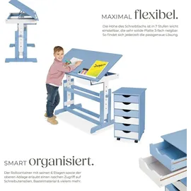Tectake tectake® Schreibtisch, und Rollcontainer mit 6 Schubladen, Tischplatte neigbar und 7-fach höhenverstellbar, 63 bis 94 cm, pflegeleicht blau | Gr.: onesize