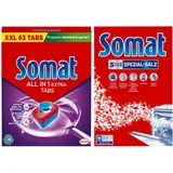 SOMAT Tabs 63 AW all in 1 Extra, Geschirrspül Tabs für strahlende Sauberkeit, bekämpfen selbst eingetrocknete Rückstände + Somat Duo Power Experten Spezial-Salz 1,2kg
