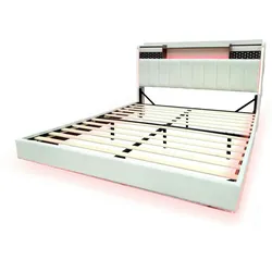 Merax Polsterbett, LED Schwebebett Doppelbett 140x200cm mit USB-Aufladen und Stauraum, beige
