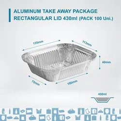 Set von 100 Aluminiumschalen mit Deckel für Lebensmittel, Einweg, 430 ml - Perfekte Verpackung für Grillfeste, Transport von Lebensmitteln