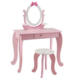 Costway Schminktisch-Set für Kinder, 2-in-1 Kinder Schreibtisch aus Holz mit Hocker