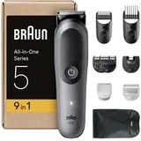 Braun All-in-One Series 5 Groomingset 9-in-1, ultrascharfe Klinge, 120 Min Akku, SkinGuard-Technologie, Präzises Trimmen, AquaGrip für unter Wasser, AIO5545, Grau